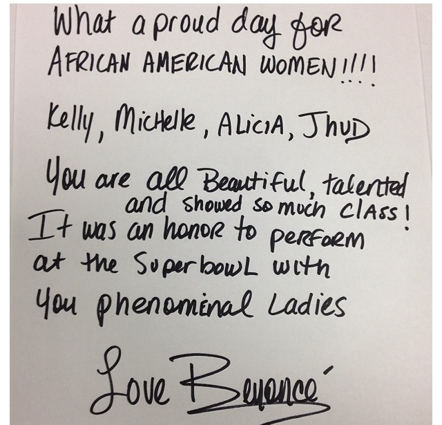 Beyonce Super Bowl Note